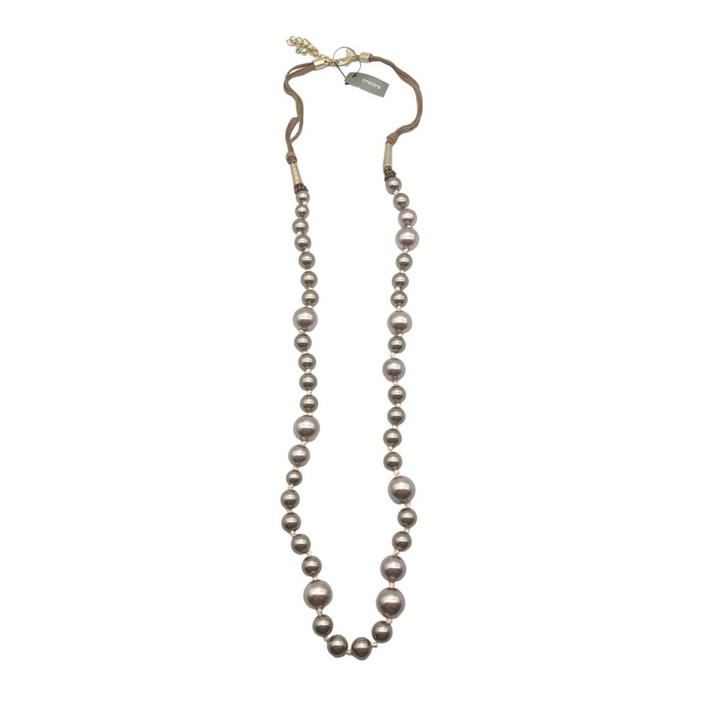 Chicos Adjustable Brown Leather & Faux Pearl Strand Necklace